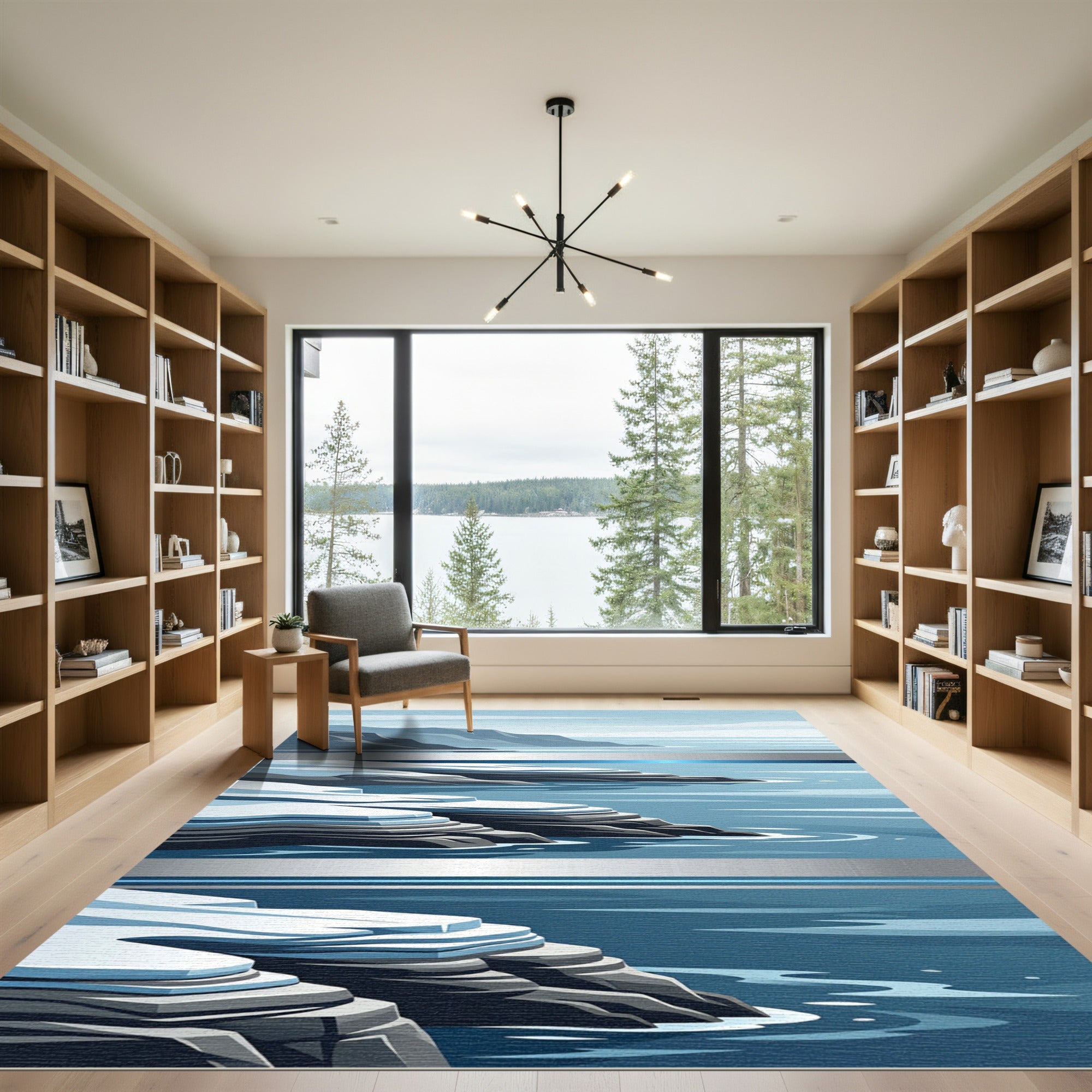 Serene Arctic Coast Blue Layered Landscape Rug
