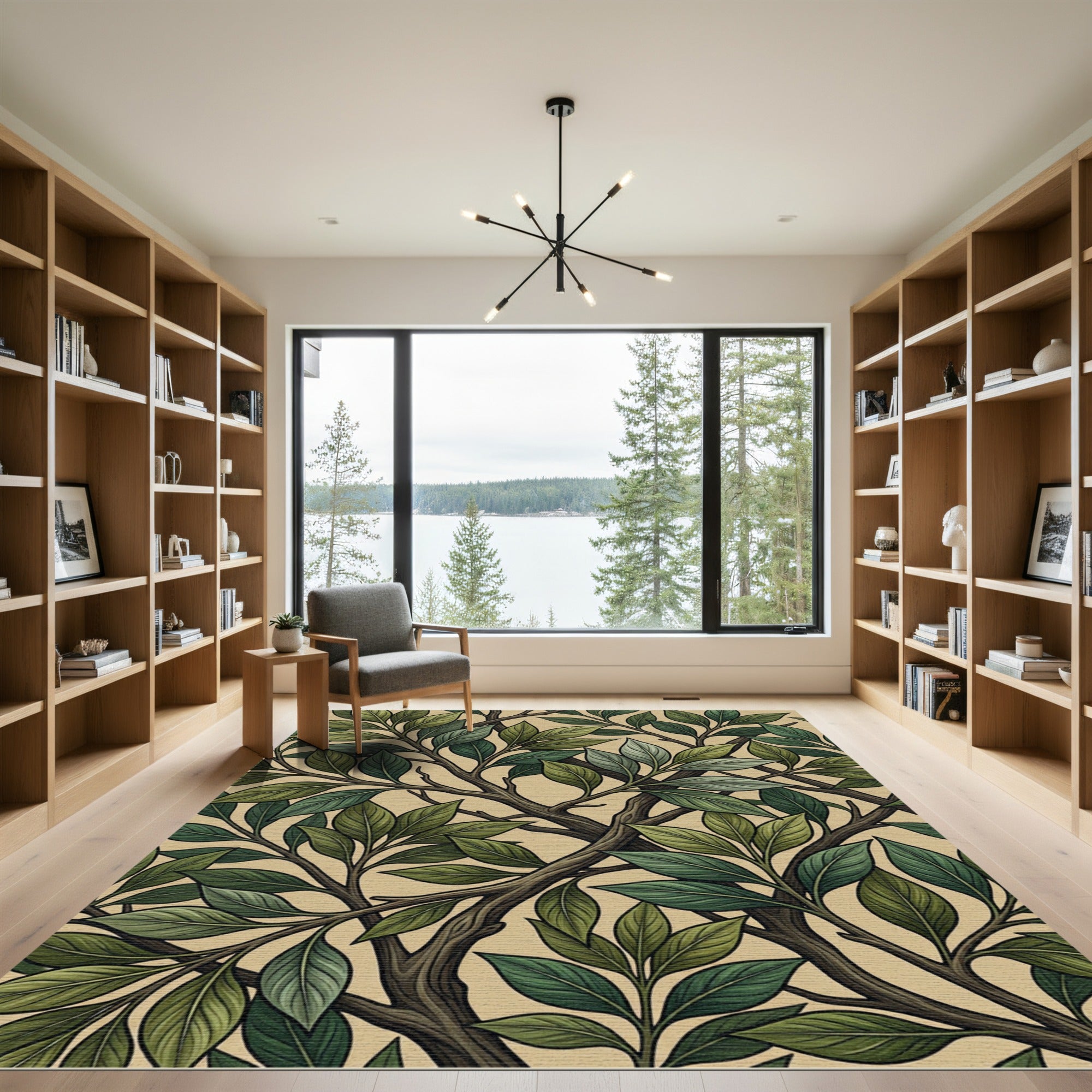 Lush Green Botanical Foliage Branch Rug
