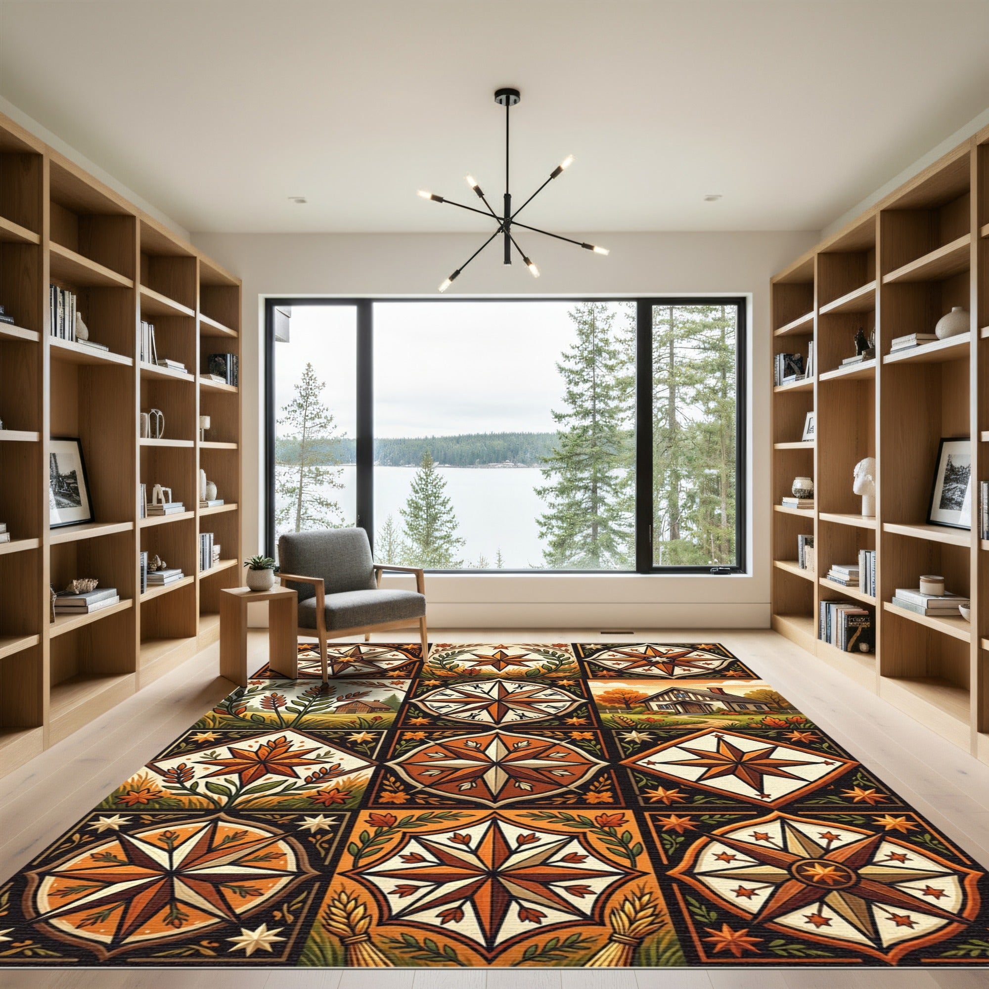 Rustic Harvest Compass Farmhouse Tile Rug