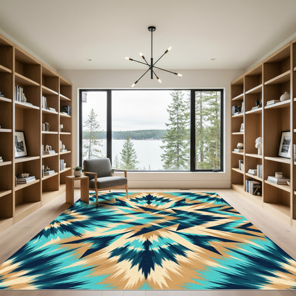 Teal and Tan Abstract Zigzag Rug