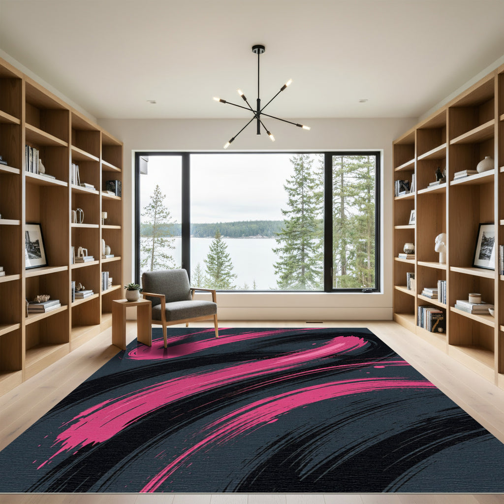 Bold Pink Abstract Charcoal Brushstroke Rug