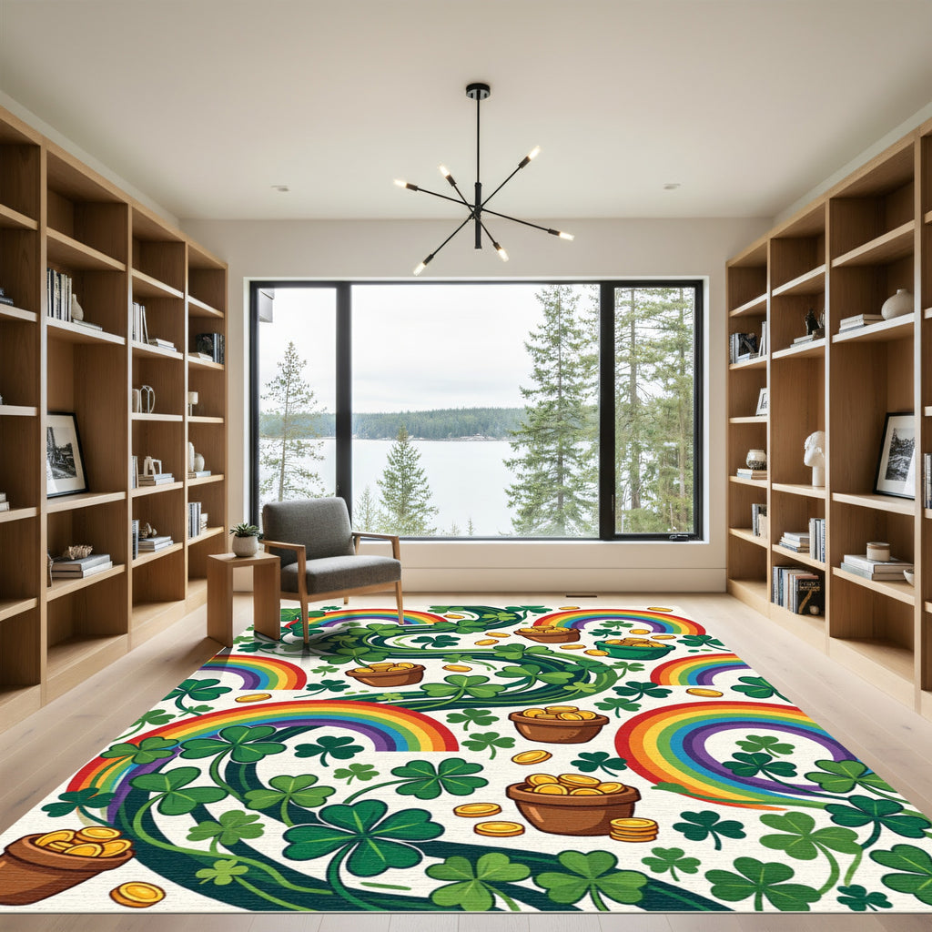 Whimsical Rainbow Shamrock Gold Coin Arrangement Rug