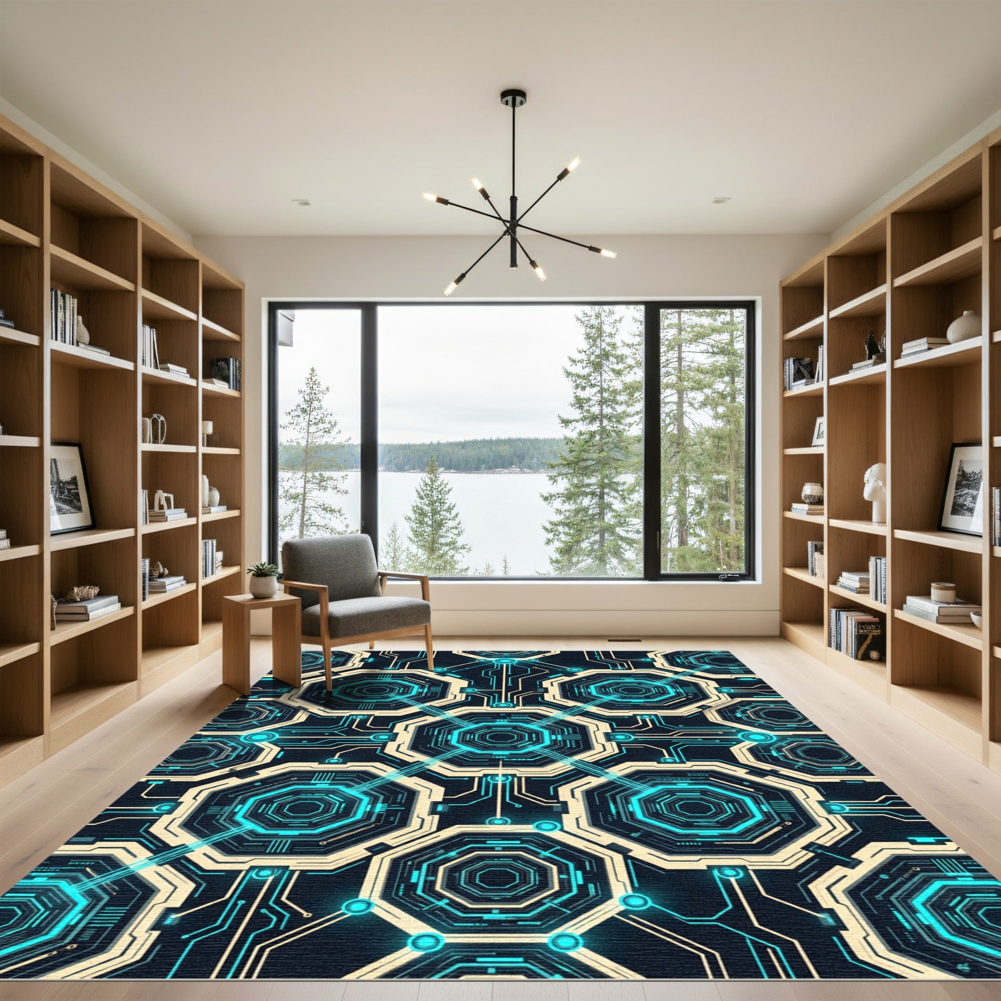 Neon Cybernetic Geometric Hexagon Grid Rug