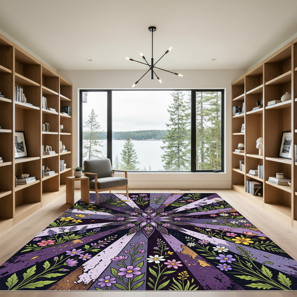 Radiant Purple Floral Mandala Sunburst Rug