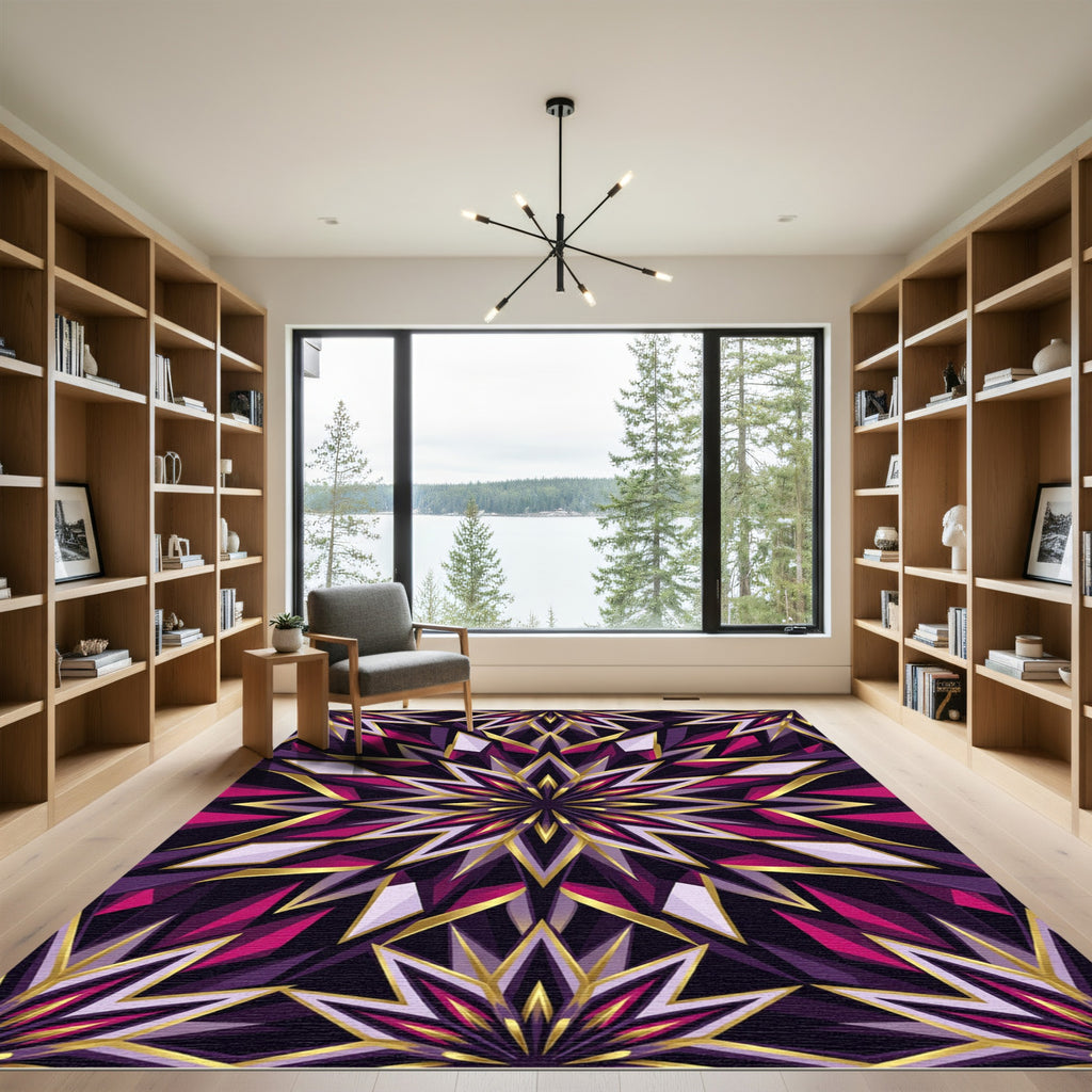 Geometric Violet Gold Starburst Mandala Rug