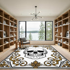 Black Gold Ornate Skull Scrollwork Rug