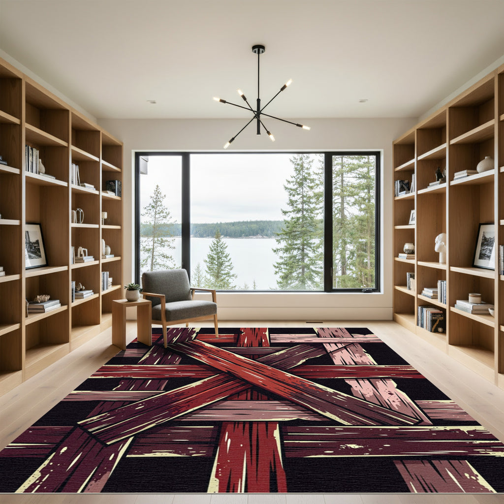 Rustic Crimson Interlocking Wood Plank Art Rug