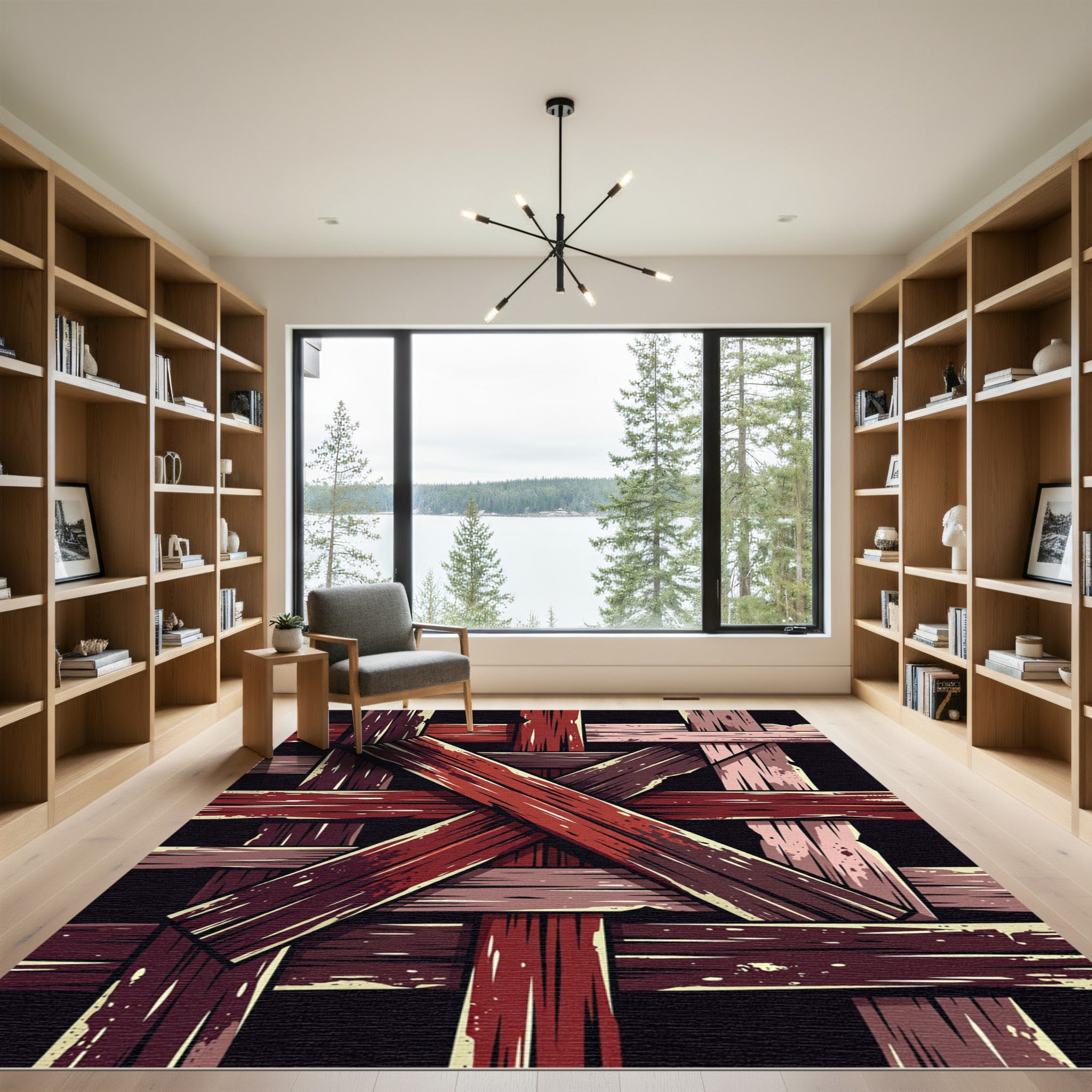 Rustic Crimson Interlocking Wood Plank Art Rug