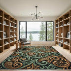 Ornate Teal Gold Swirl Filigree Rug