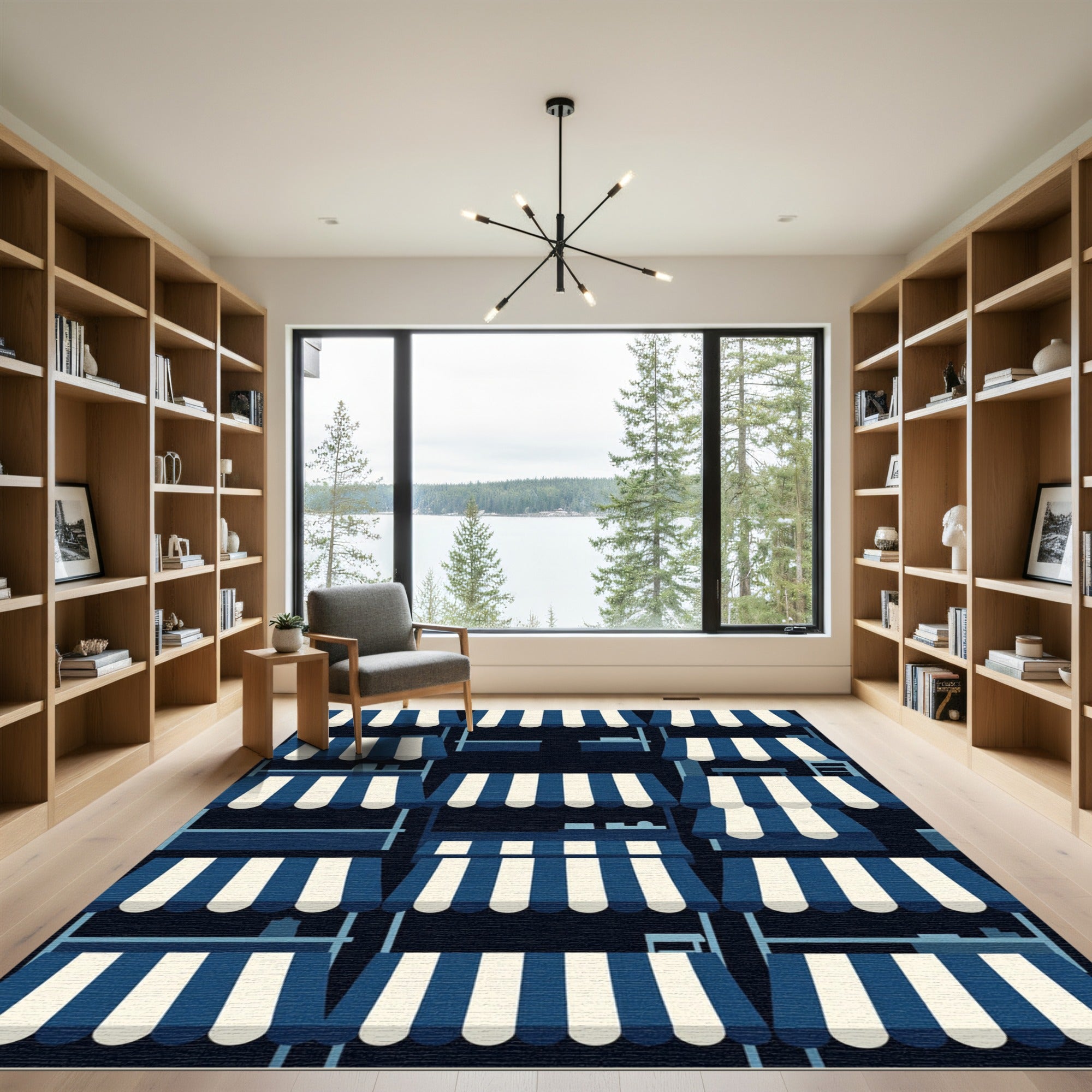 Navy and White Striped Canopy Grid Rug
