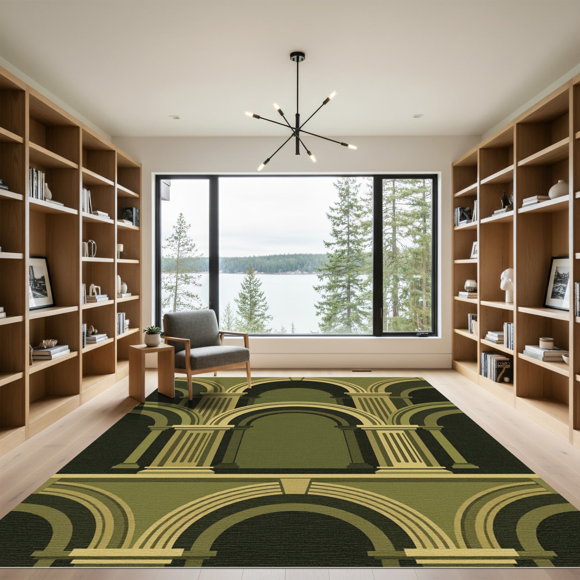 Olive Green Neoclassical Arch Architectural Rug