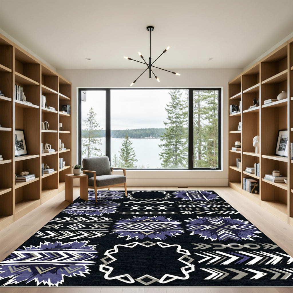 Tribal Blue Geometric Sunburst Frame Rug