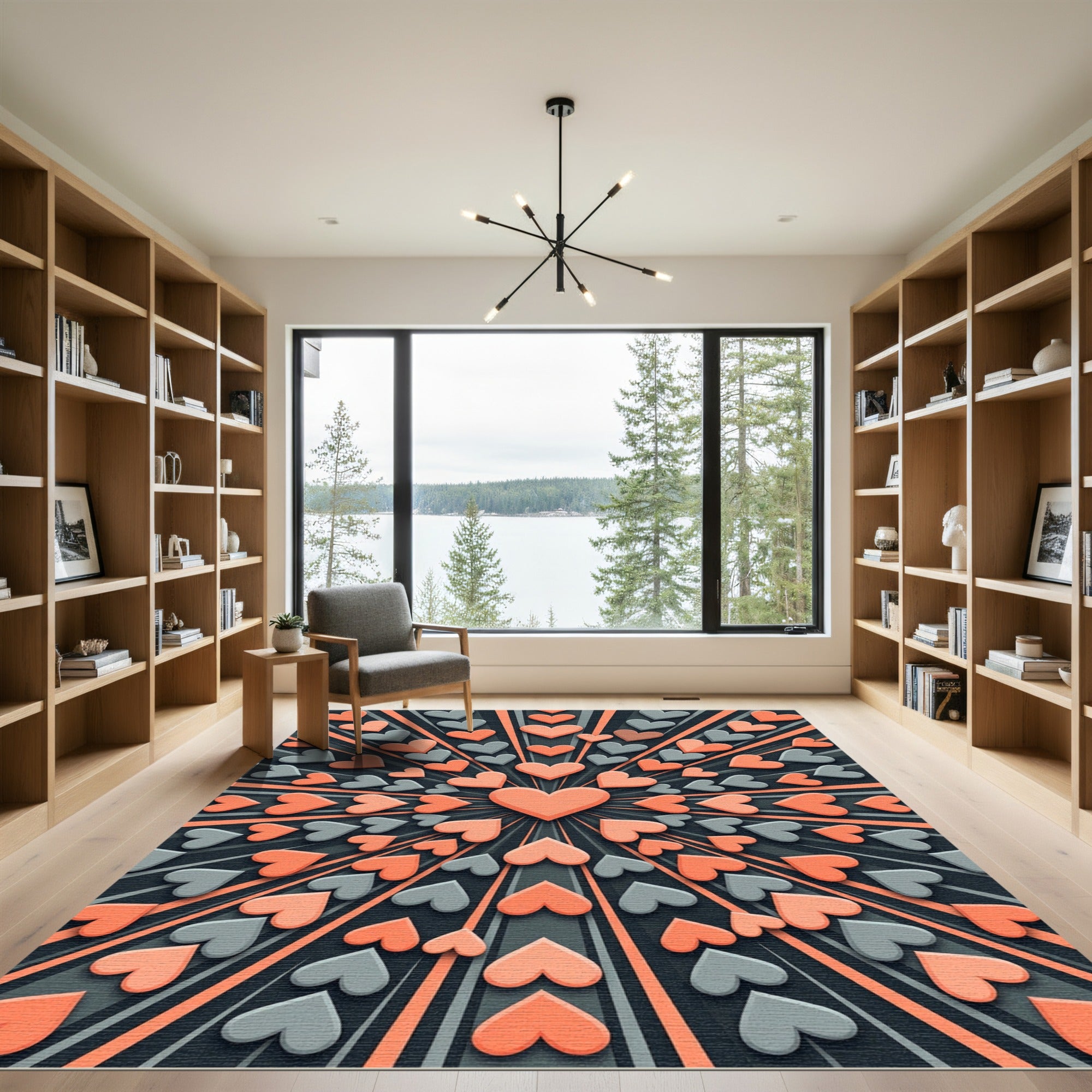 Geometric Peach and Gray Heart Radial Rug