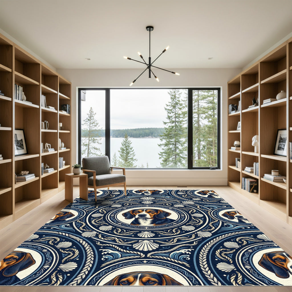 Navy Nautical Beagle Medallion Shells Rug
