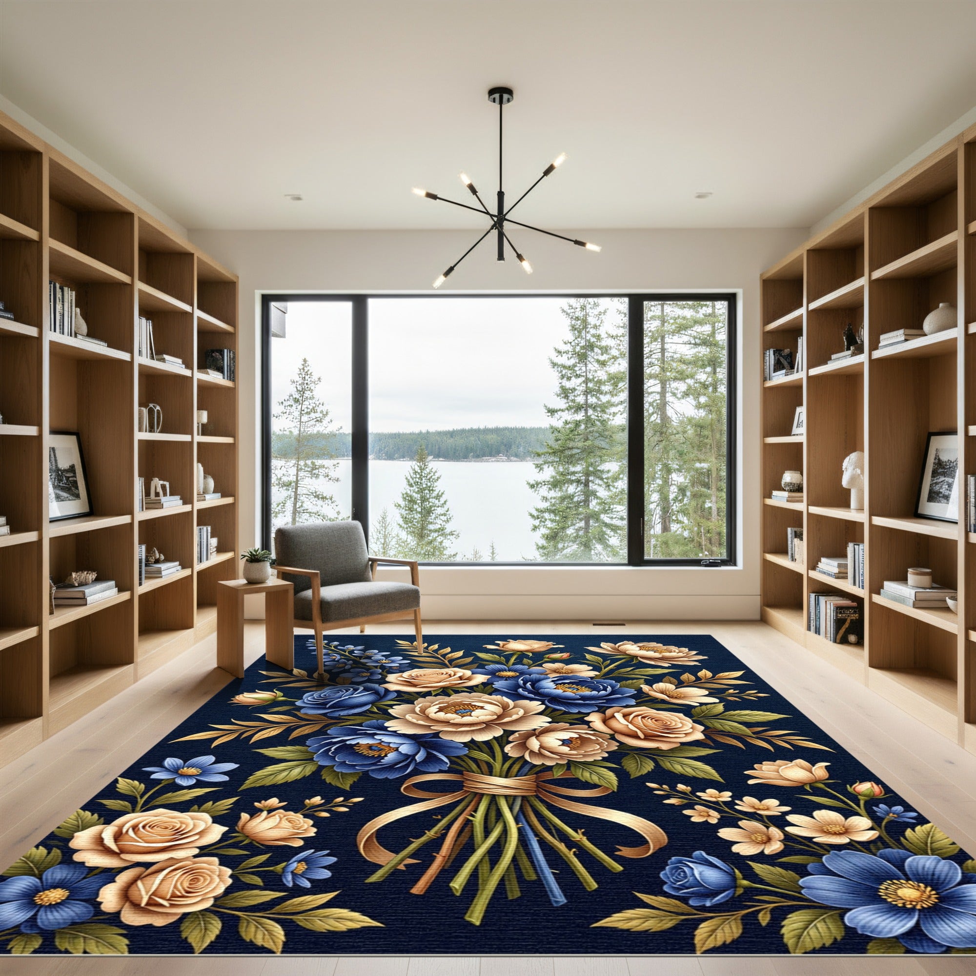 Elegant Navy Floral Bouquet Illustration Rug