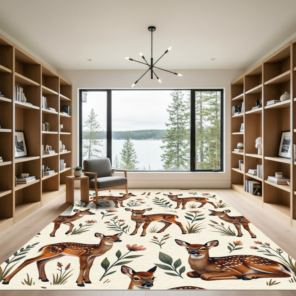 Charming Woodland Fawn Cream Botanical Rug