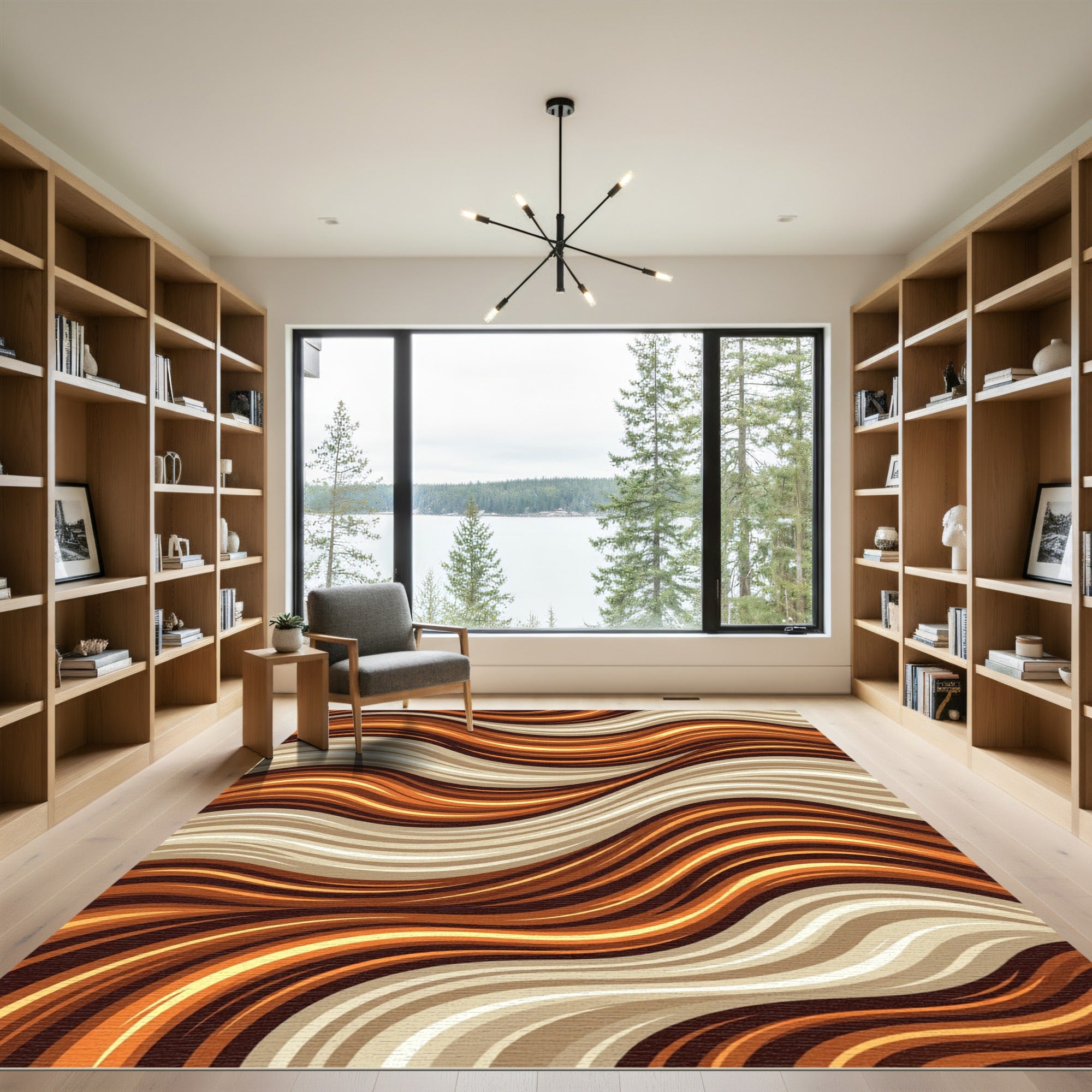 Abstract Golden Amber Wavy Stream Rug