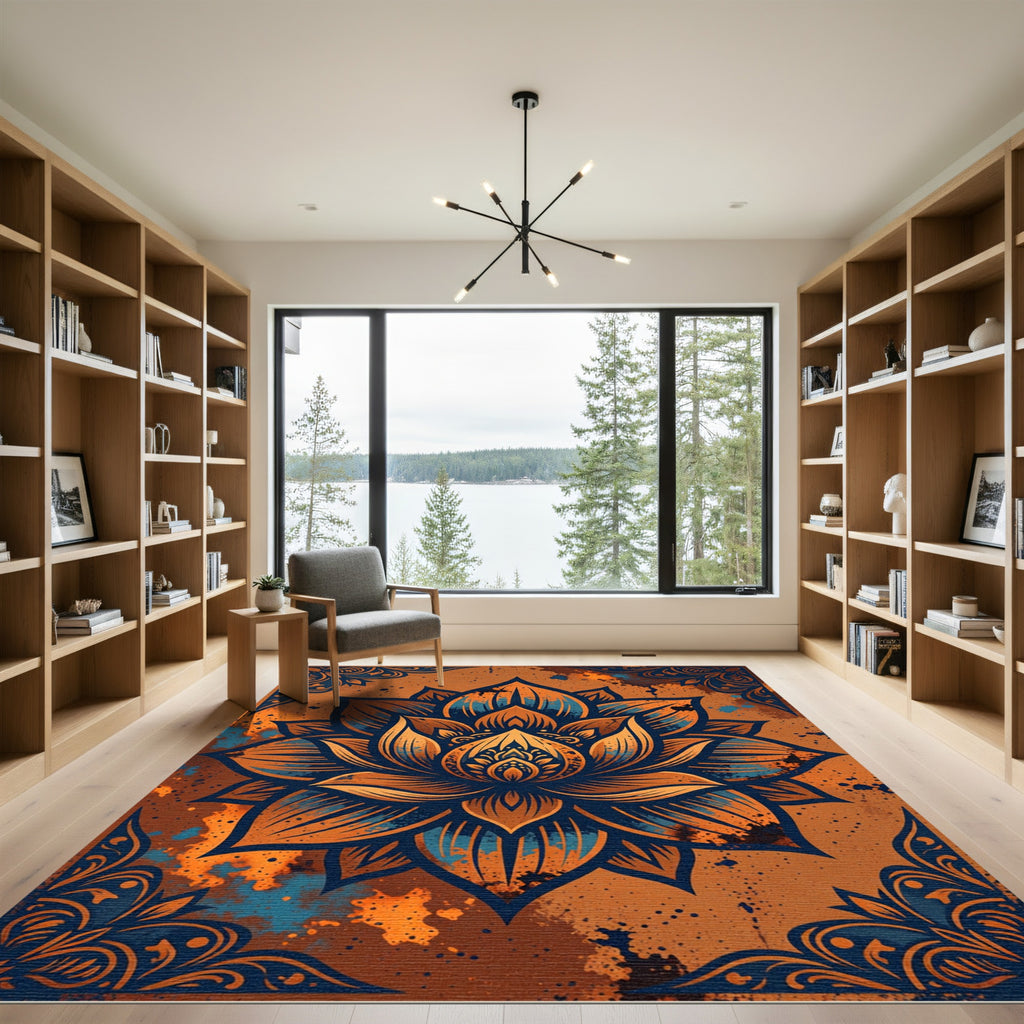 Orange Blue Lotus Mandala Art Rug