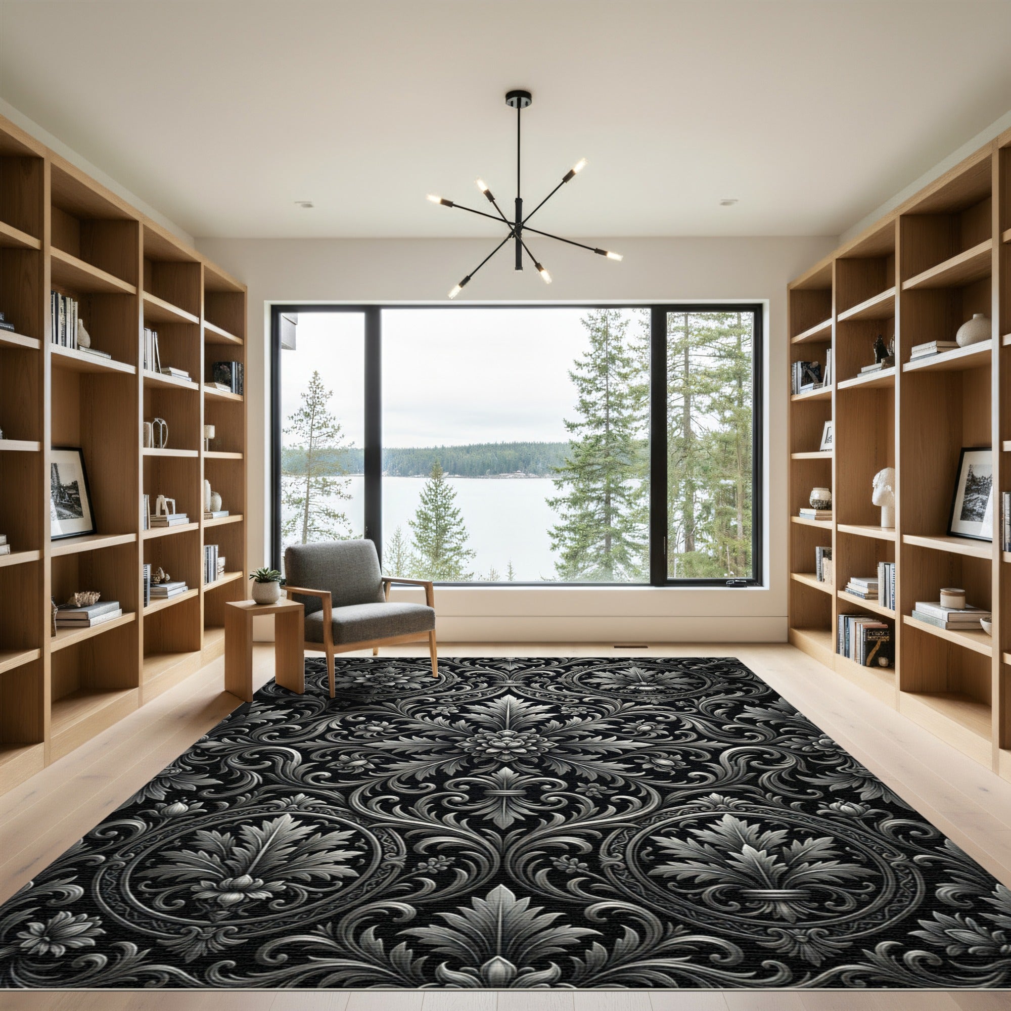 Ornate Silver Floral Scrollwork Rug