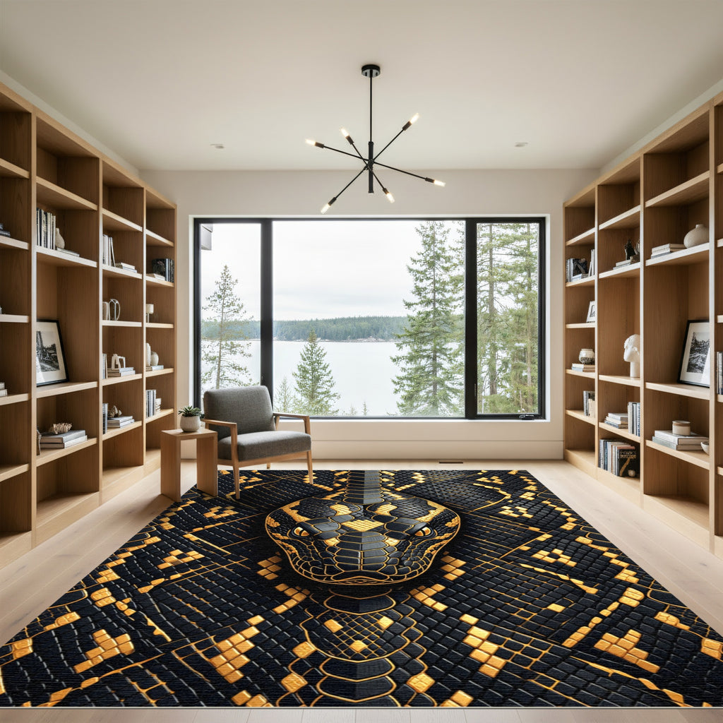 Golden Black Serpentine Geometric Scales Rug