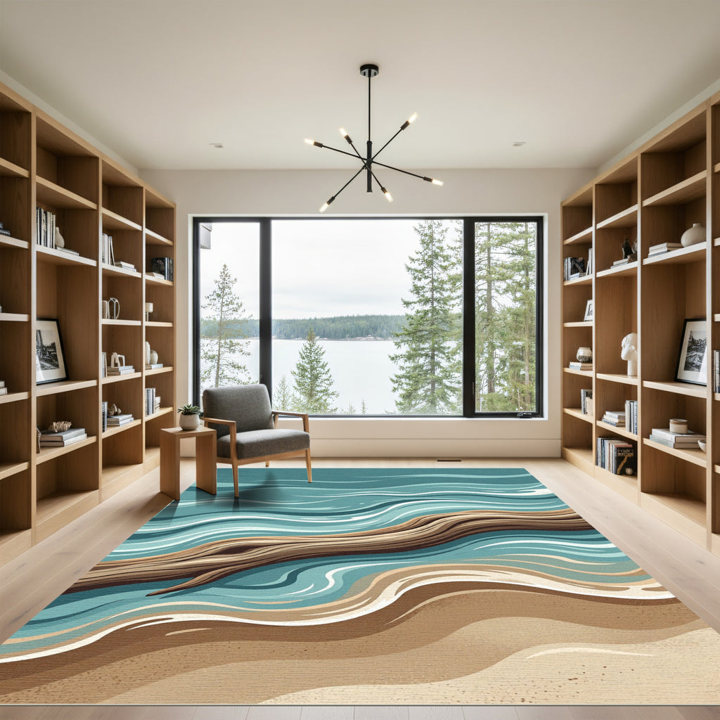 Abstract Driftwood On Rippling Teal Shore Rug