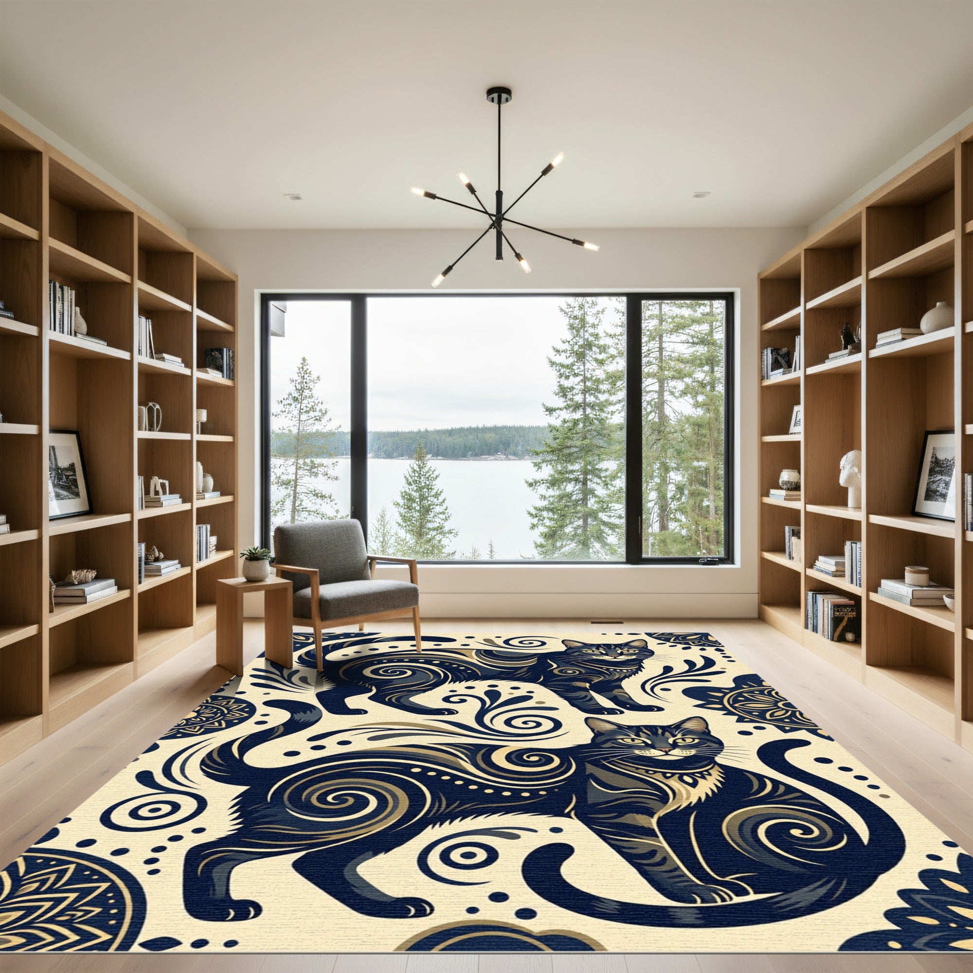 Elegant Midnight Feline Scroll Art Rug