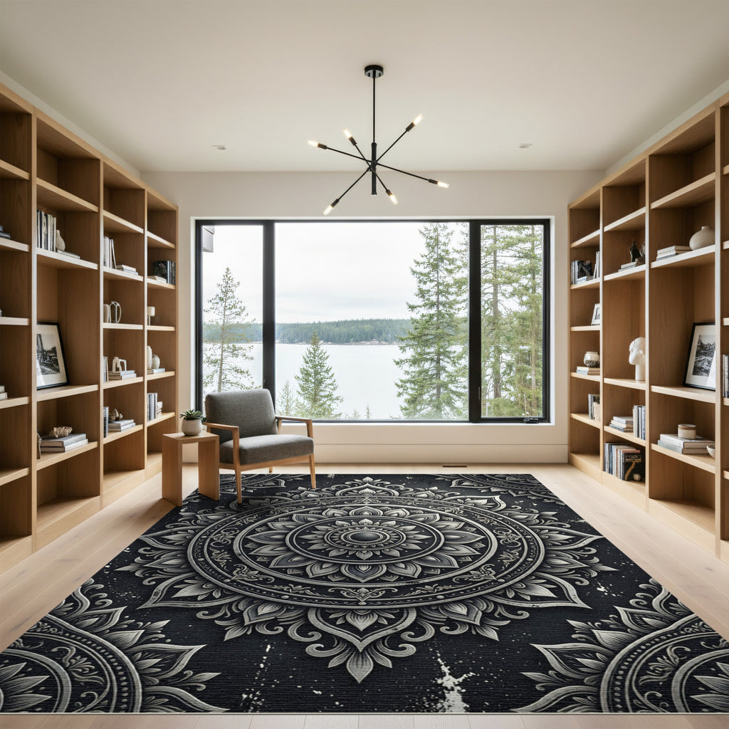 Ornate Silver Monochrome Floral Medallion Rug