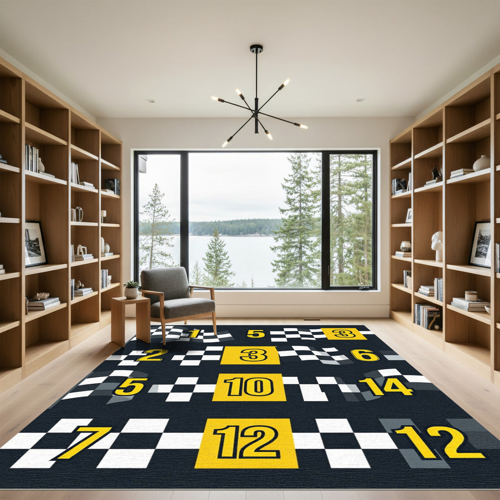 Yellow Checkered Racing Number Grid Rug