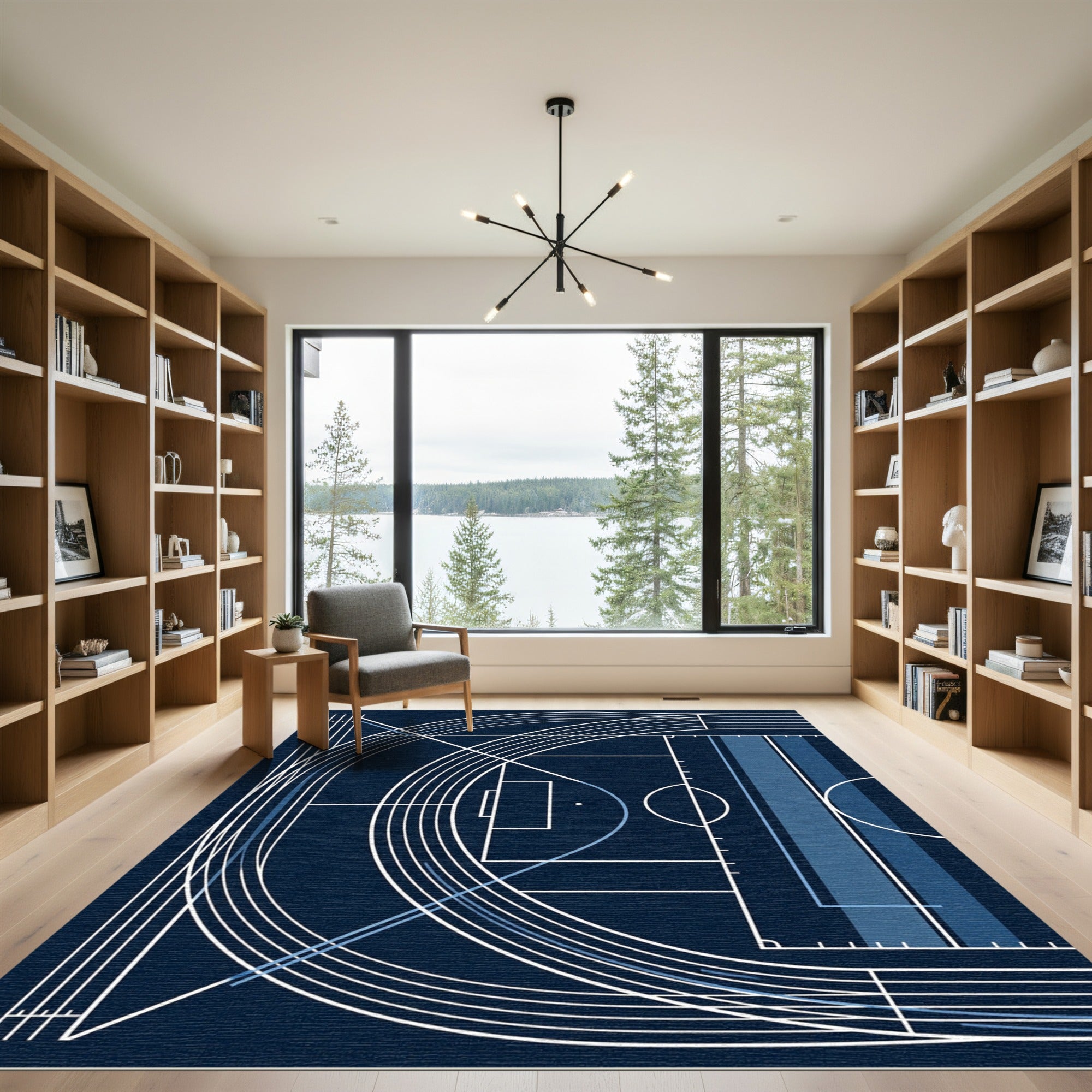 Minimalist Navy Blue Athletic Track Graphic Rug