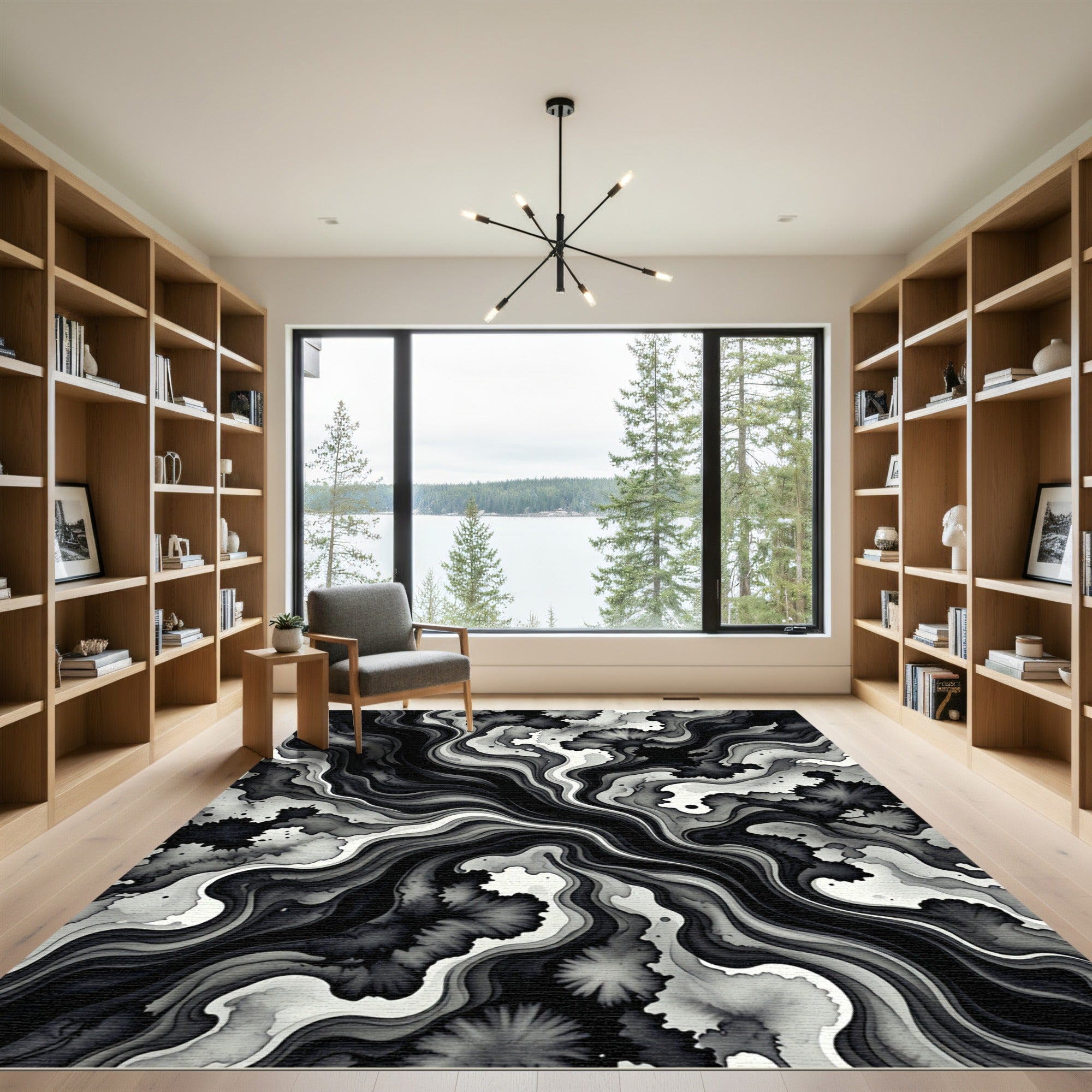 Monochrome Abstract Fluid Ink Swirl Rug