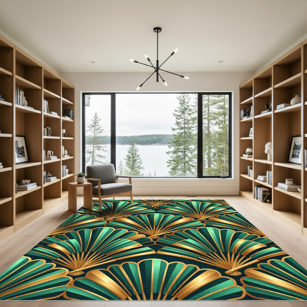 Art Deco Emerald Gold Fan Rug