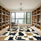 Whimsical Cream Black and Tan Cat Scene Rug