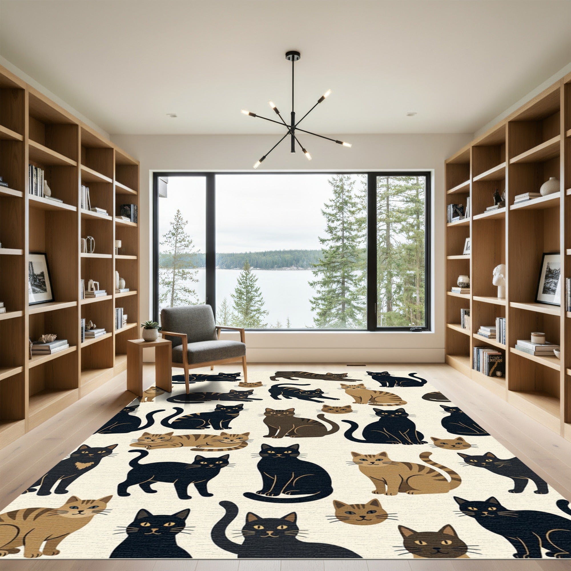 Whimsical Cream Black and Tan Cat Scene Rug