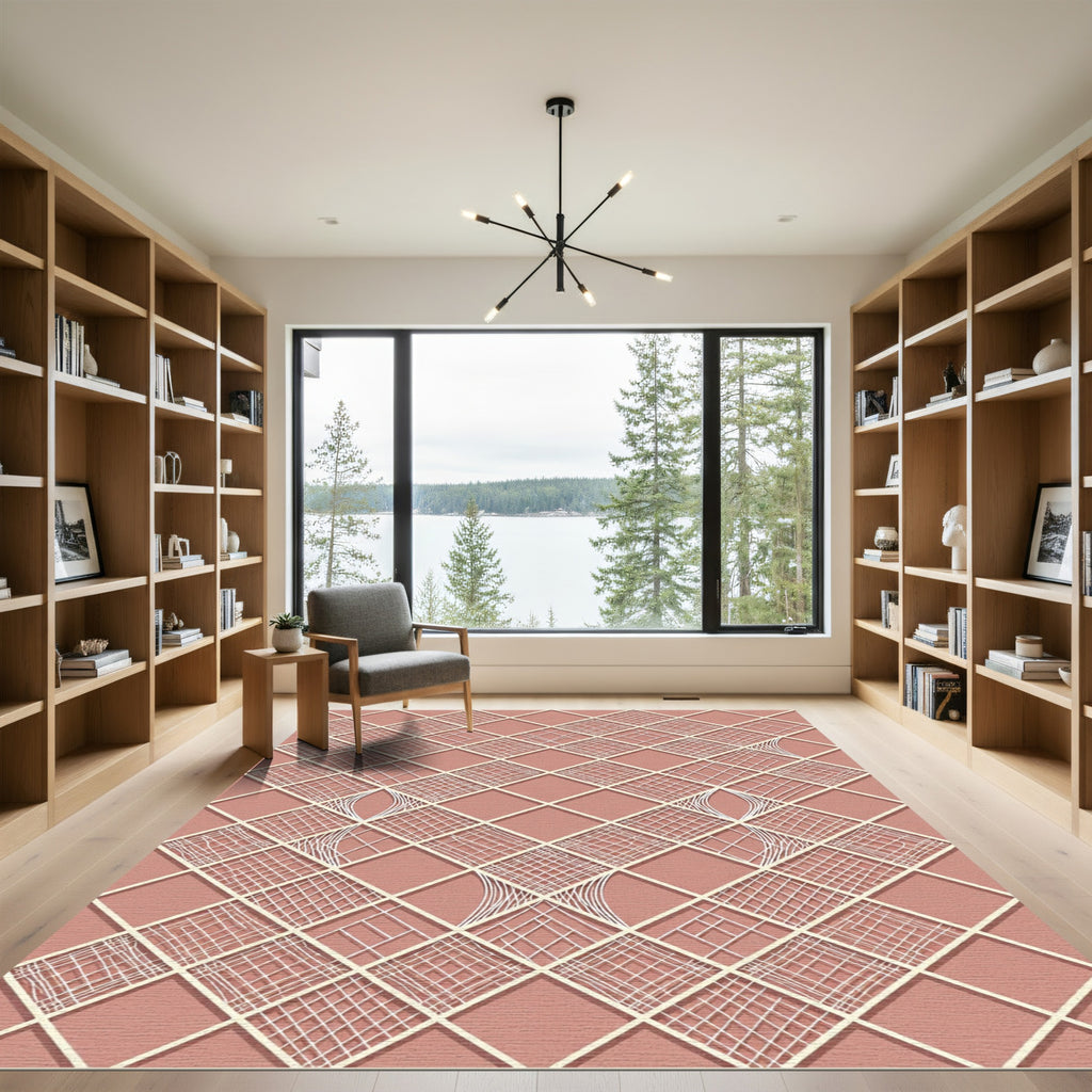 Blush Pink Geometric Lattice Textured Grid Rug