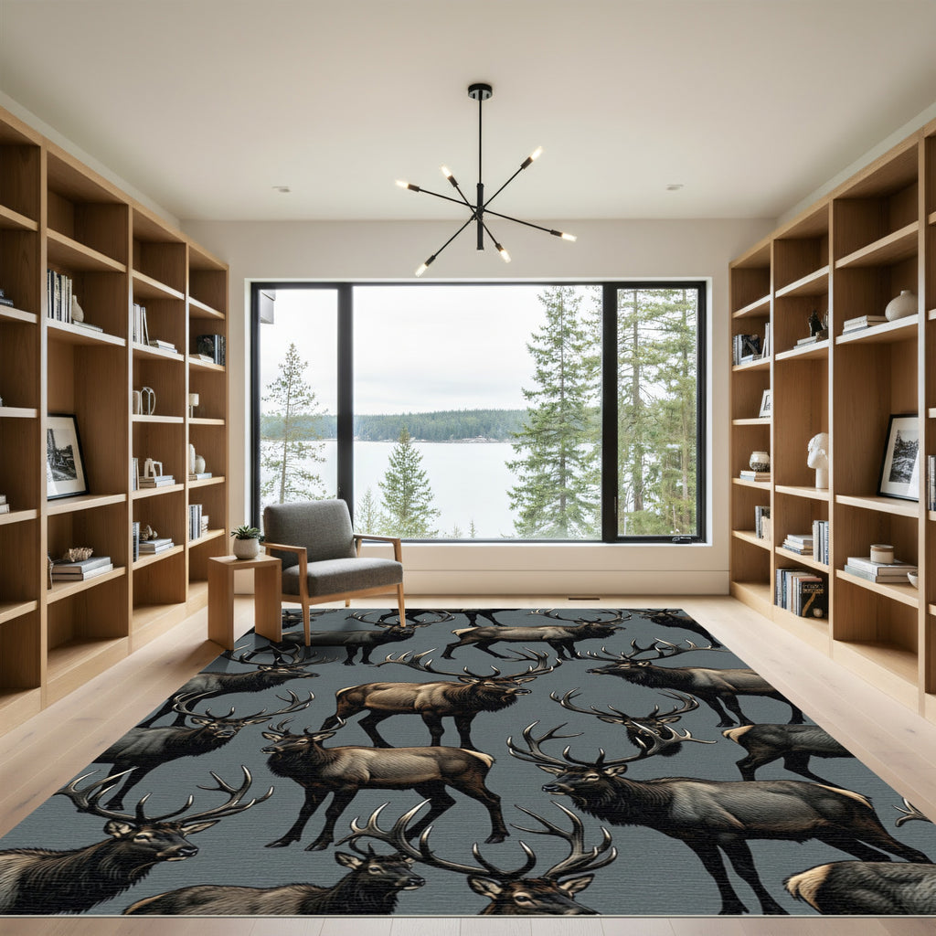 Majestic Elk Herd Wildlife Scene Rug