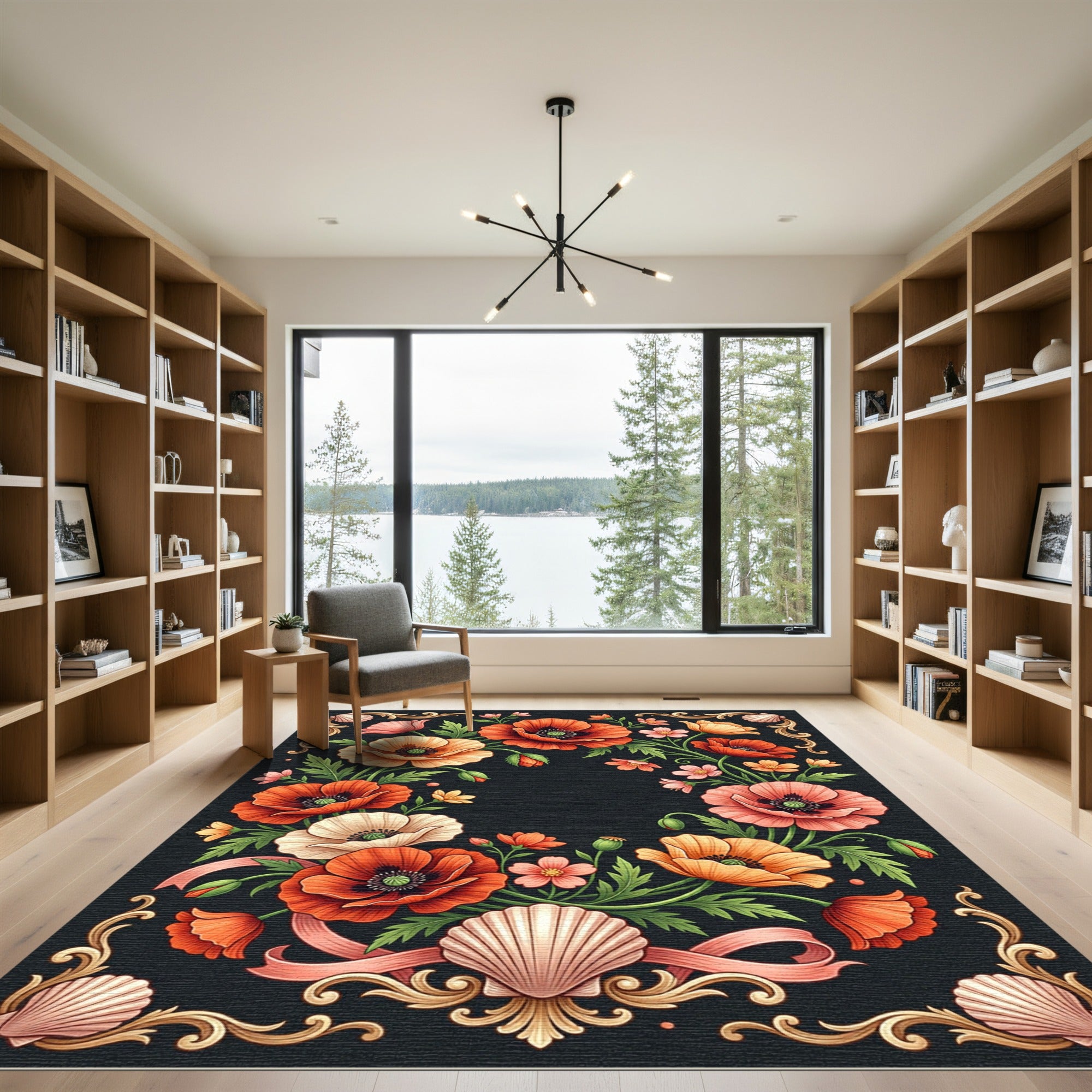Vintage Floral Poppy Shell Wreath Rug