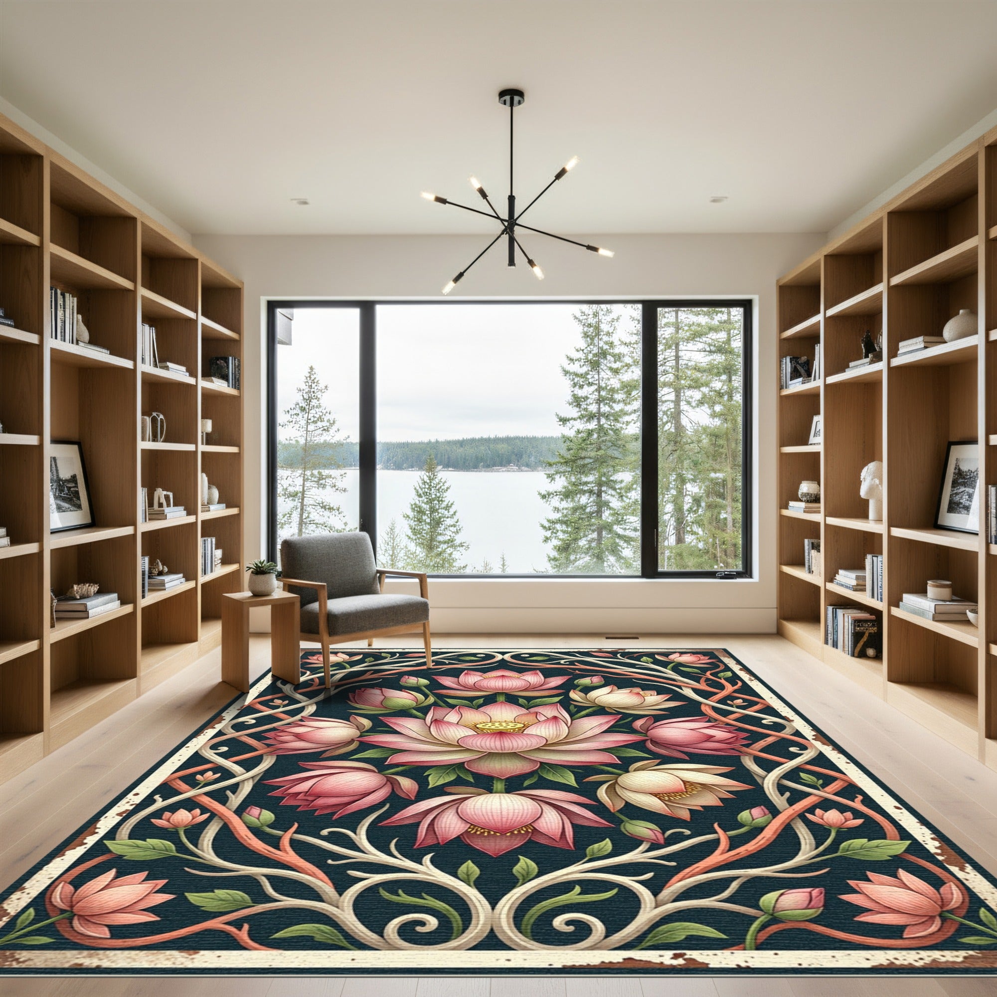 Elegant Pink Lotus Garden Floral Tapestry Rug