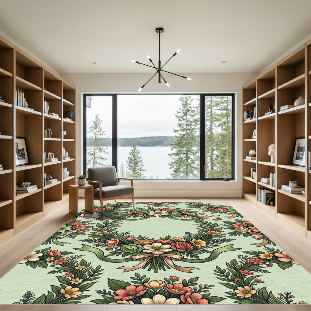Sage Green Floral Wreath Ribbon Rug