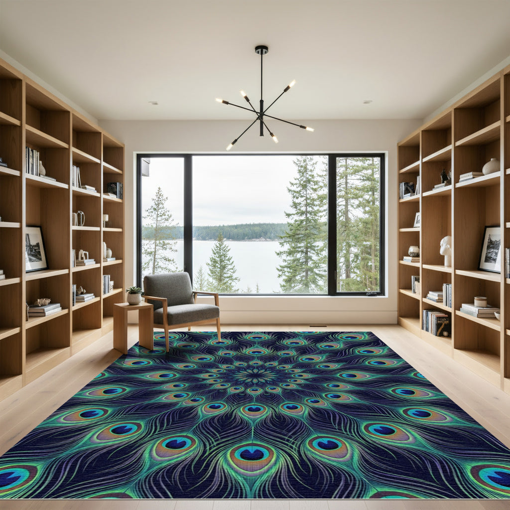 Vibrant Teal Peacock Feather Mandala Rug