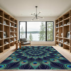Vibrant Teal Peacock Feather Mandala Rug
