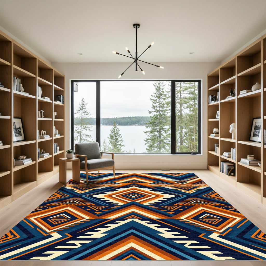 Bold Geometric Indigo and Ochre Diamond Rug