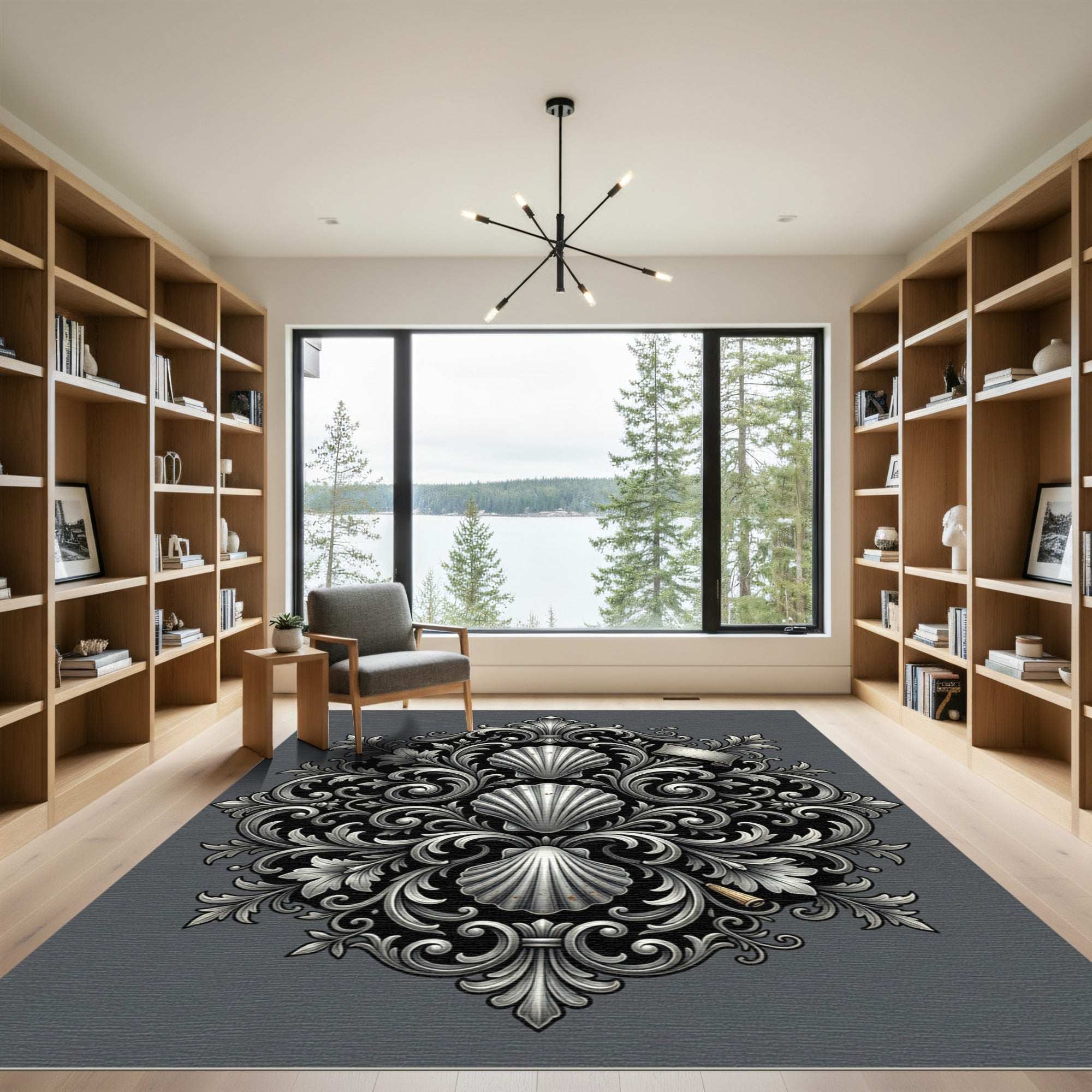 Elegant Silver Scalloped Shell Damask Rug