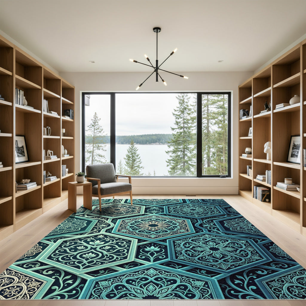 Teal Hexagonal Floral Lattice Medallion Rug