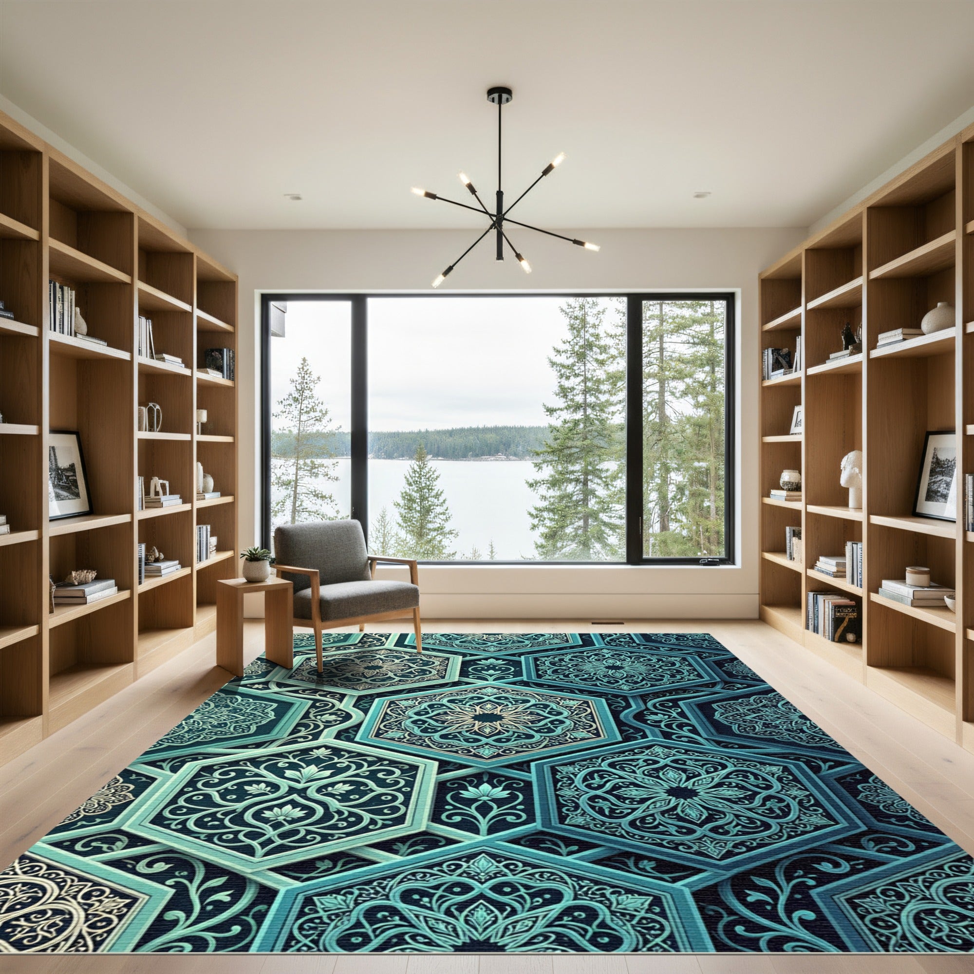 Teal Hexagonal Floral Lattice Medallion Rug