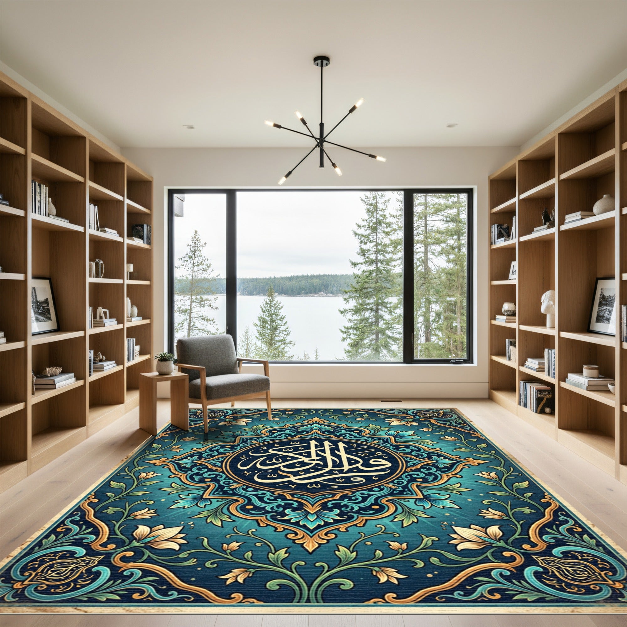 Ornate Teal Floral Calligraphy Medallion Rug