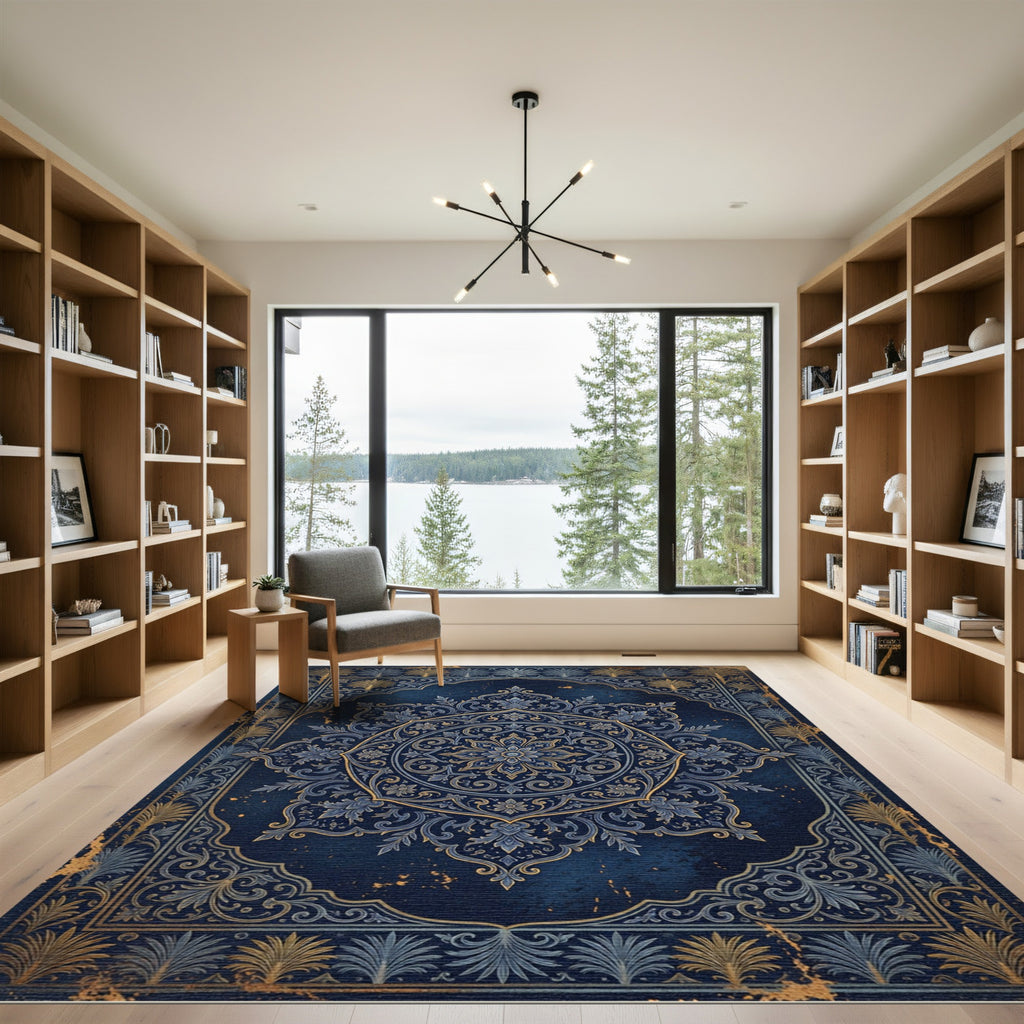 Midnight Ornate Floral Damask Medallion Rug