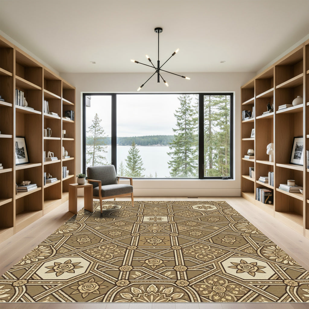 Earthy Brown Floral Geometric Lattice Rug