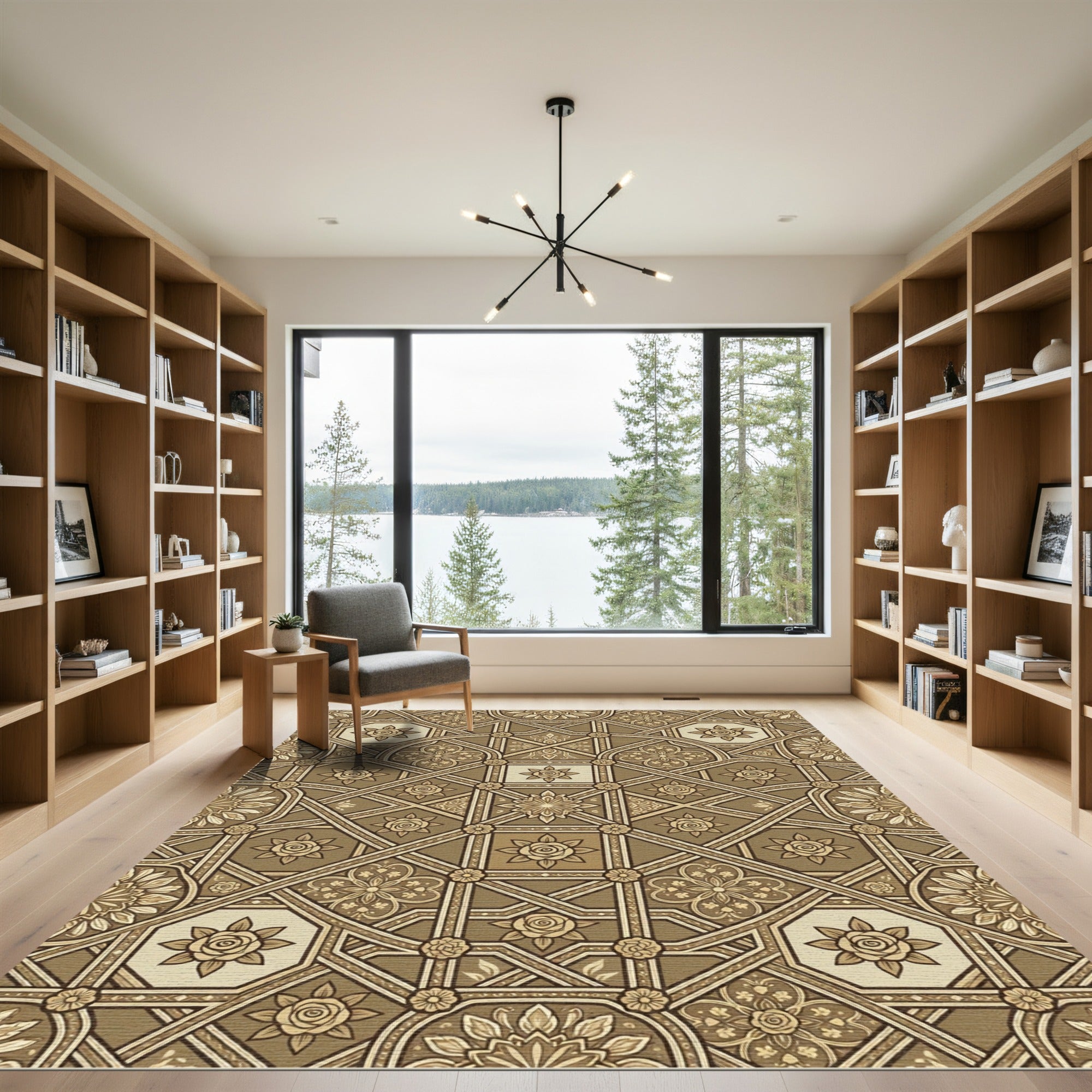 Earthy Brown Floral Geometric Lattice Rug