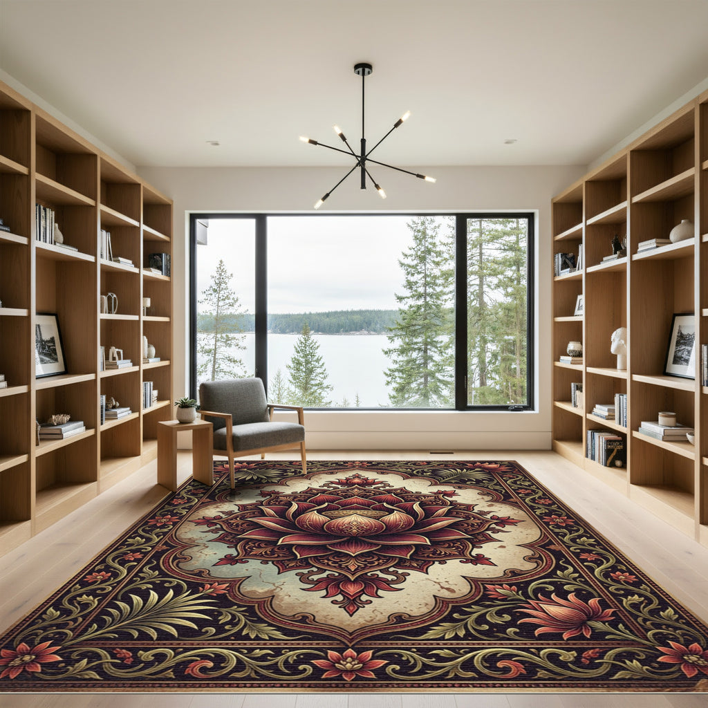 Vintage Maroon Lotus Floral Medallion Rug