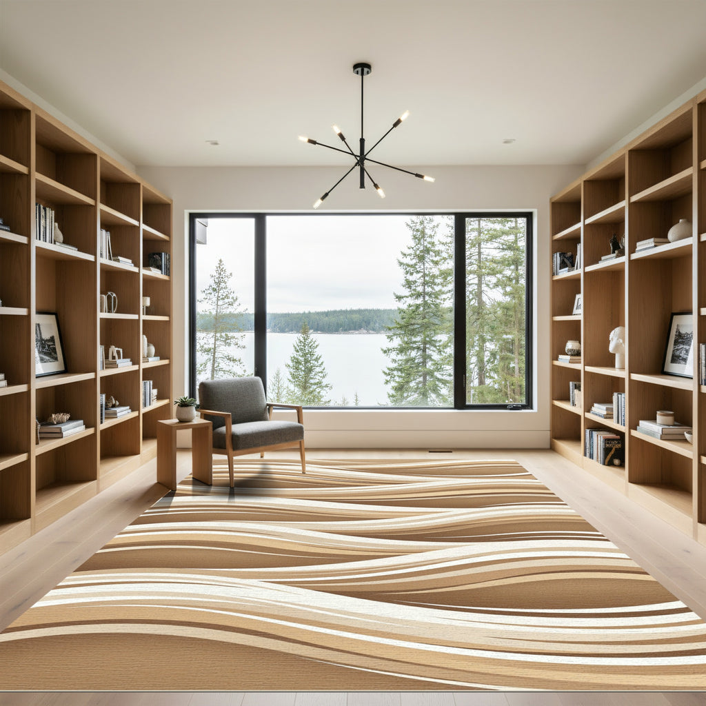 Modern Beige Flowing Abstract Wave Rug